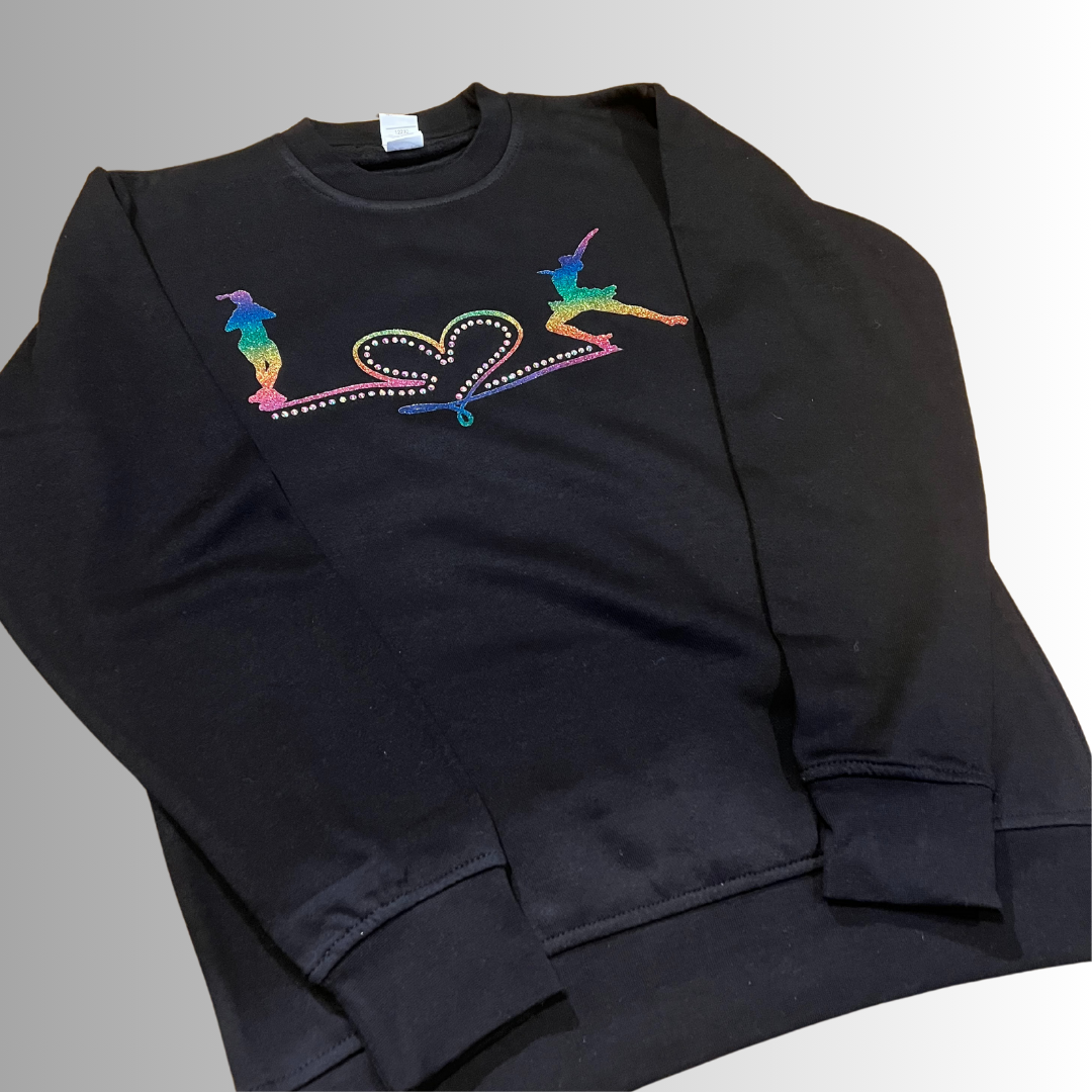 Sweat "I Love Patinagem" em Vinil Glitter Arco-Íris e Strass