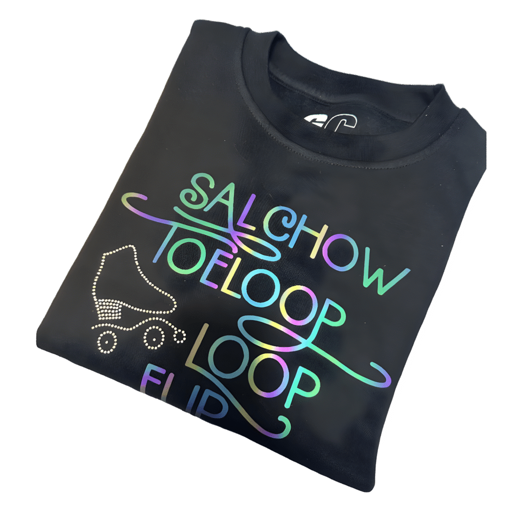Linha Premium Patinagem Artística – Vinil Holográfico (Sweat & Hoodie)