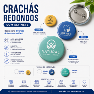 Crachás Redondos Personalizados com Alfinete | 25 mm, 38 mm e 58 mm