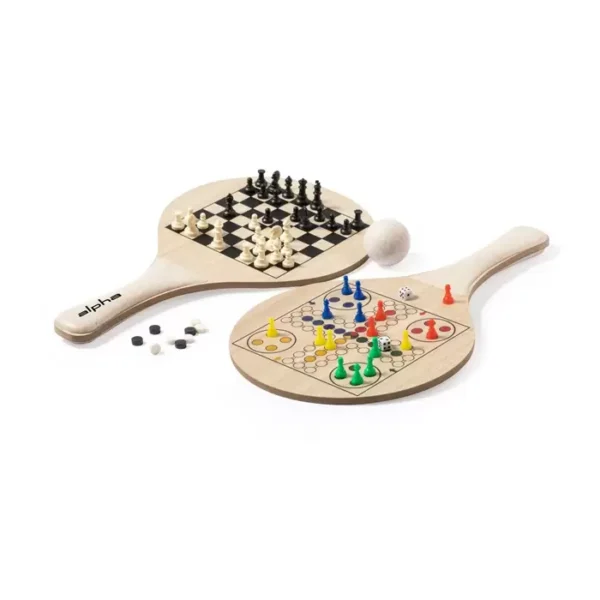 Kit Raquetes de Praia Multifuncional com Xadrez, Damas e Ludo (Parchís) em Madeira