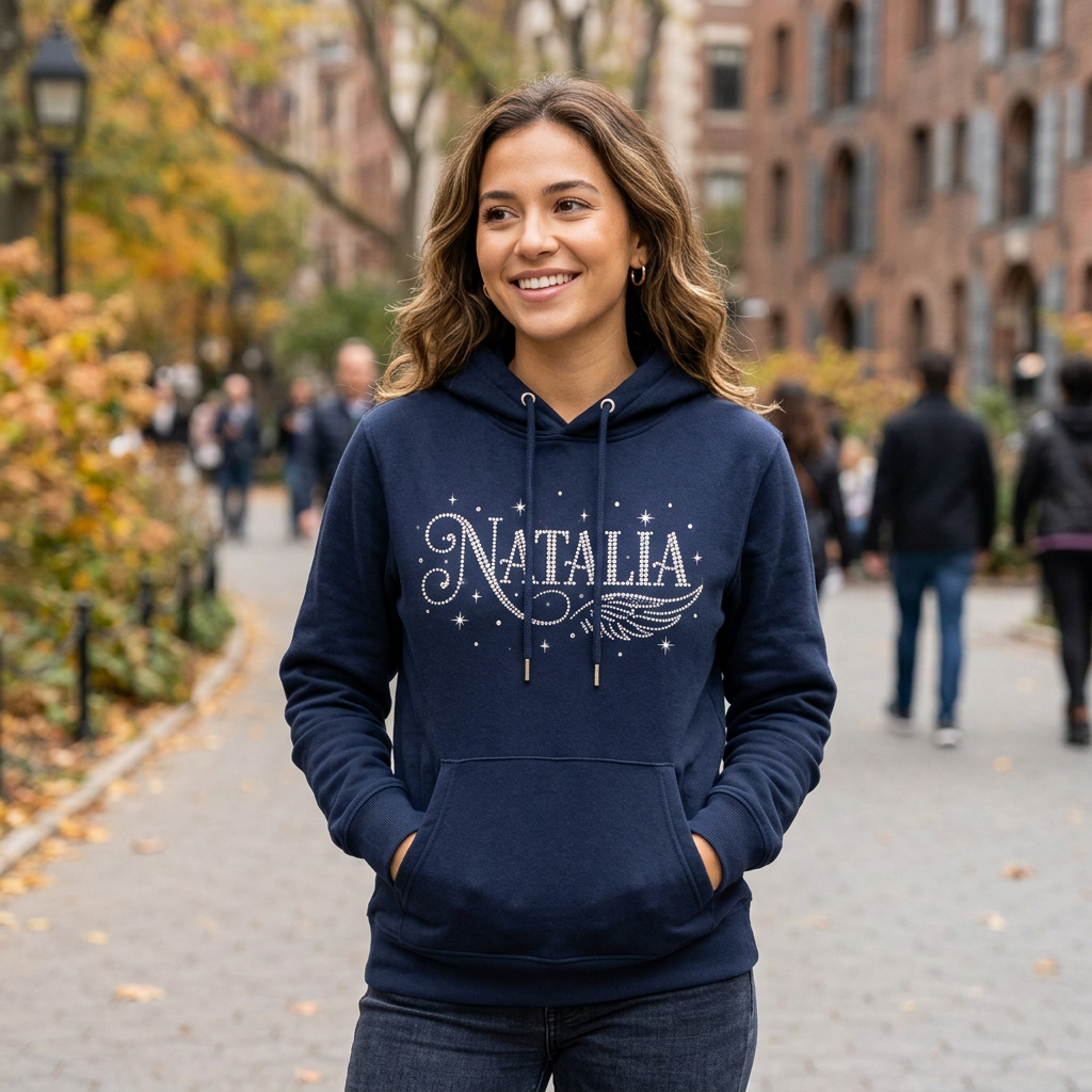 Woman wearing navy hoodie with the name Natalia and decorative stars and wings
